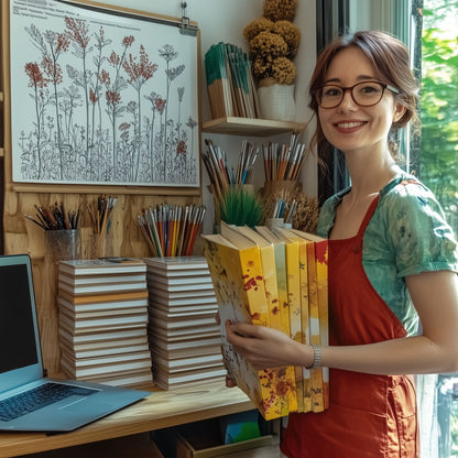 Person holding a nature coloring book with beautiful landscape designs, showcasing how to create custom nature pages with an AI prompt.