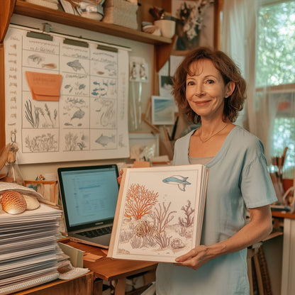 Person holding an underwater life coloring book, showing how to design custom ocean-themed pages using an AI prompt