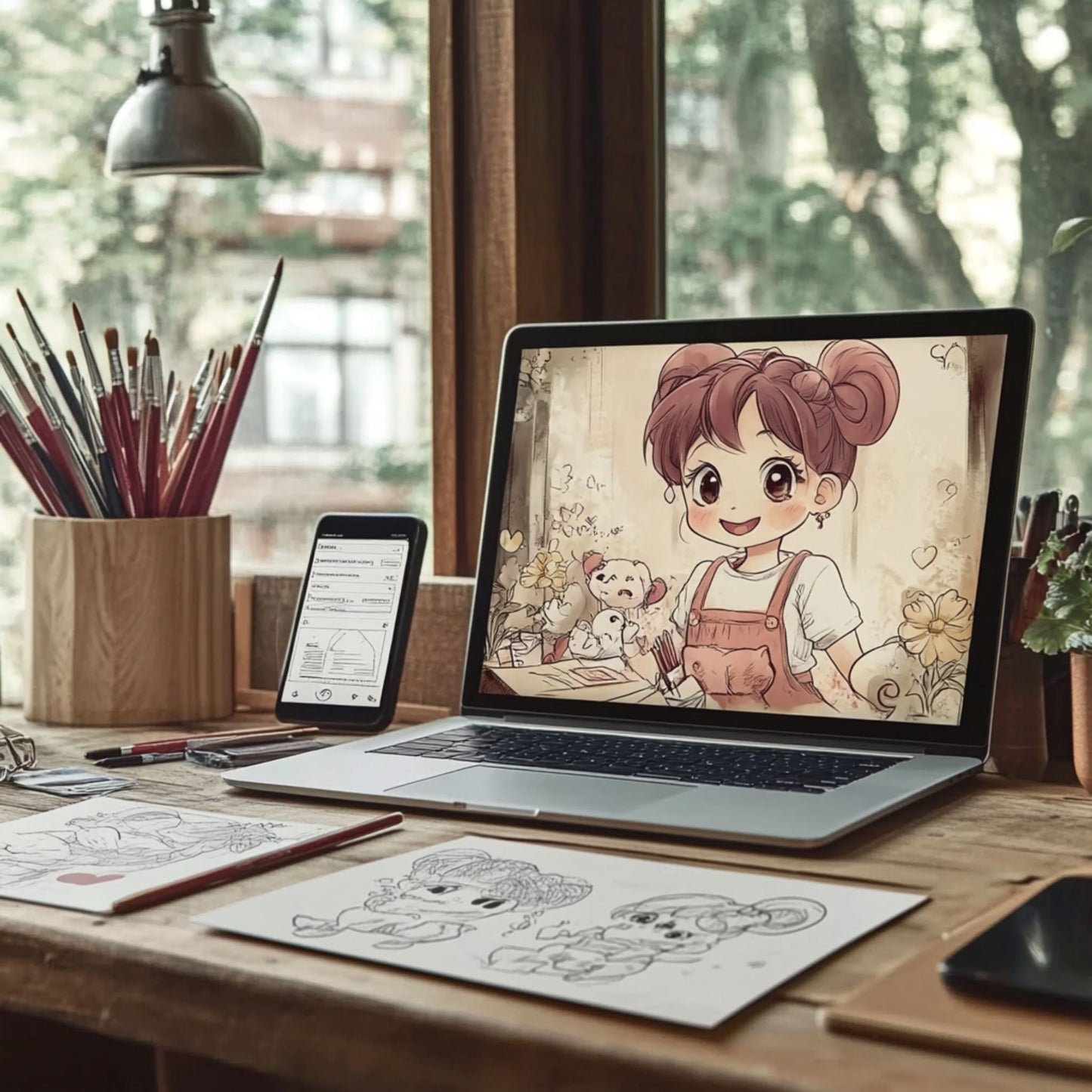  Laptop on desk displaying a cute chibi anime coloring page, also visible on a phone and printed design sheets, ready for sale.