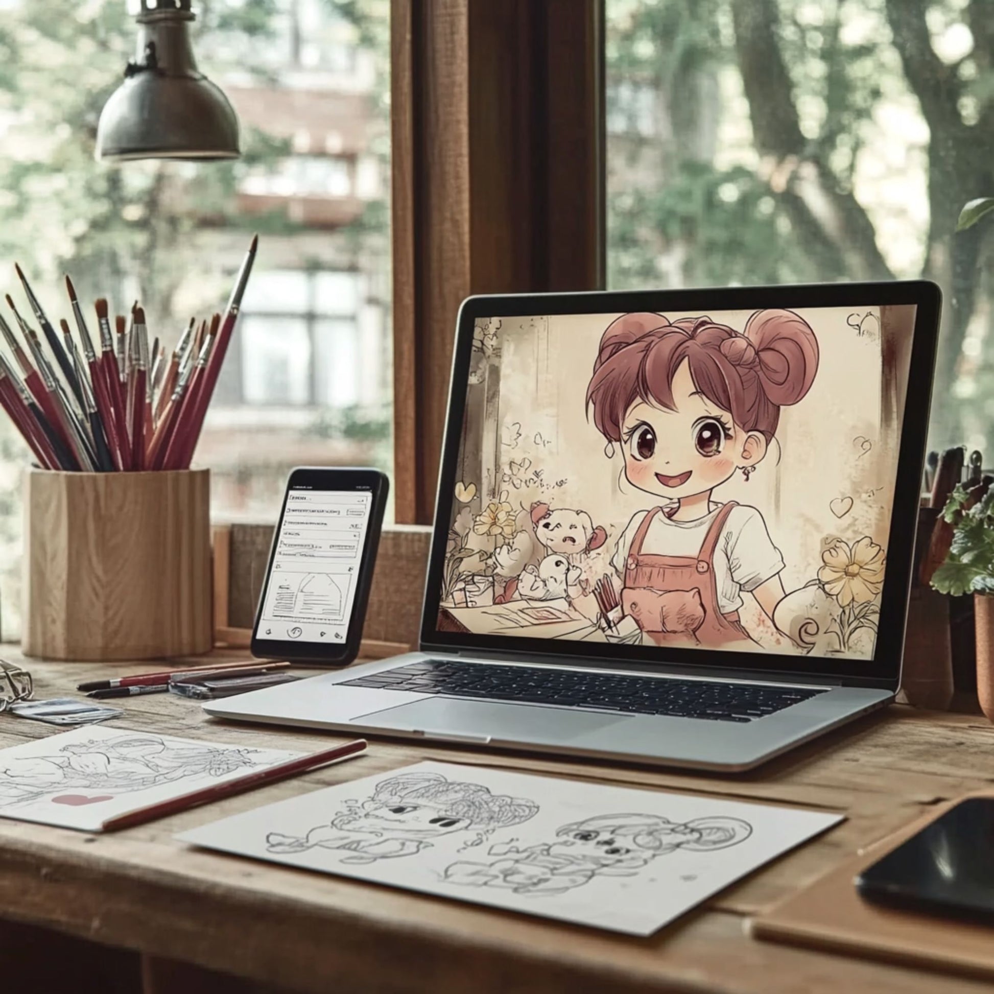  Laptop on desk displaying a cute chibi anime coloring page, also visible on a phone and printed design sheets, ready for sale.
