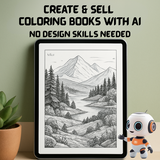 iPad mockup displaying a detailed landscape coloring page generated with MidJourney AI, overlaid with the text “Create & Sell Coloring Books with AI – No Design Skills Needed” on a clean green-and-neutral background.