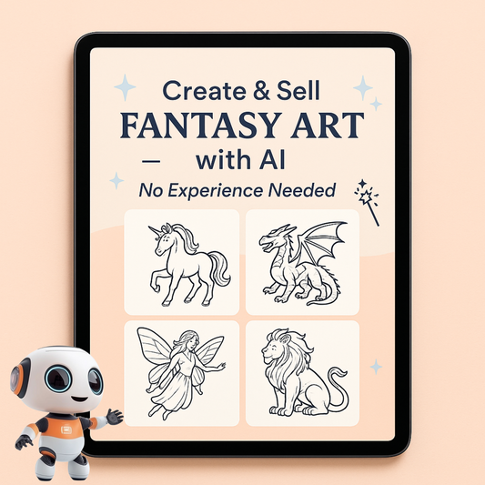 A digital flatlay showing a black tablet displaying fantasy creature coloring pages like unicorns, dragons, and fairies, set on a soft pastel background. Surrounded by whimsical icons like sparkles and a magic wand, with overlay text saying “Create & Sell Fantasy Art with AI – No Experience Needed”. Bright, clean, and beginner-friendly design.