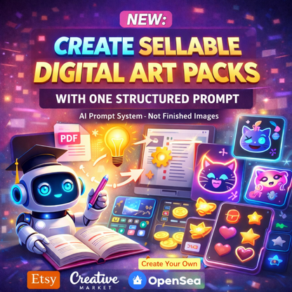 Illustration showing how an AI prompt system can be used to create sellable digital art packs for platforms like Etsy, Creative Market and OpenSea.