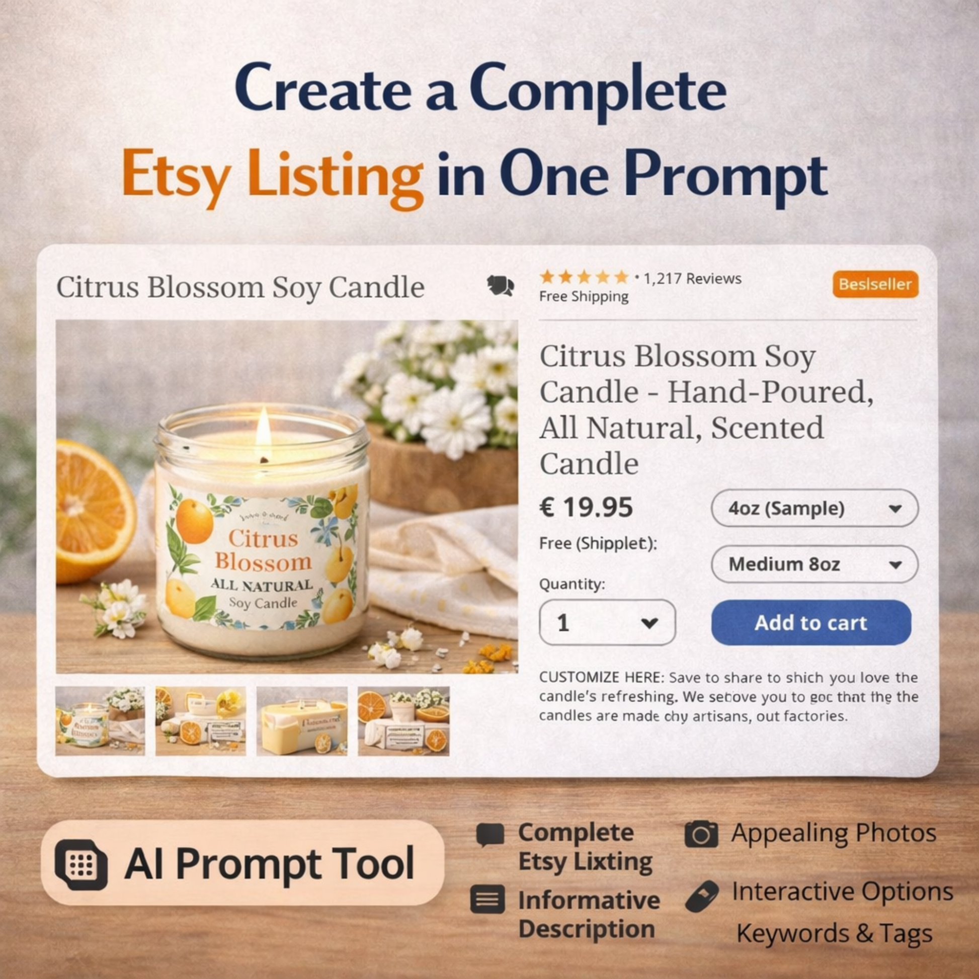 etsy seller generating complete listing with title tags and description using ai workflow