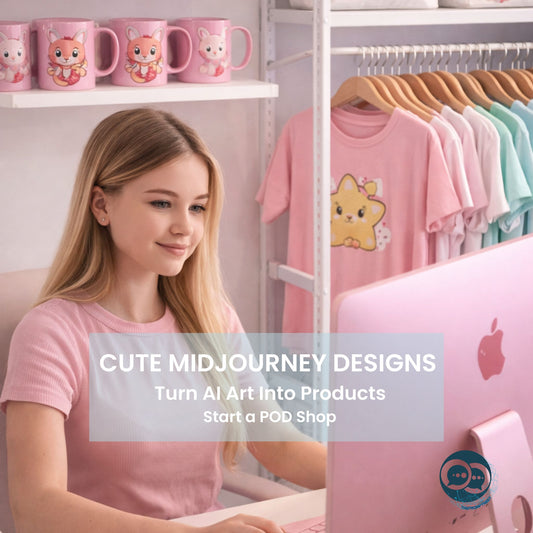 Young entrepreneur creating cute AI artwork for mugs, tote bags and t shirts using a computer in a small print on demand workspace.