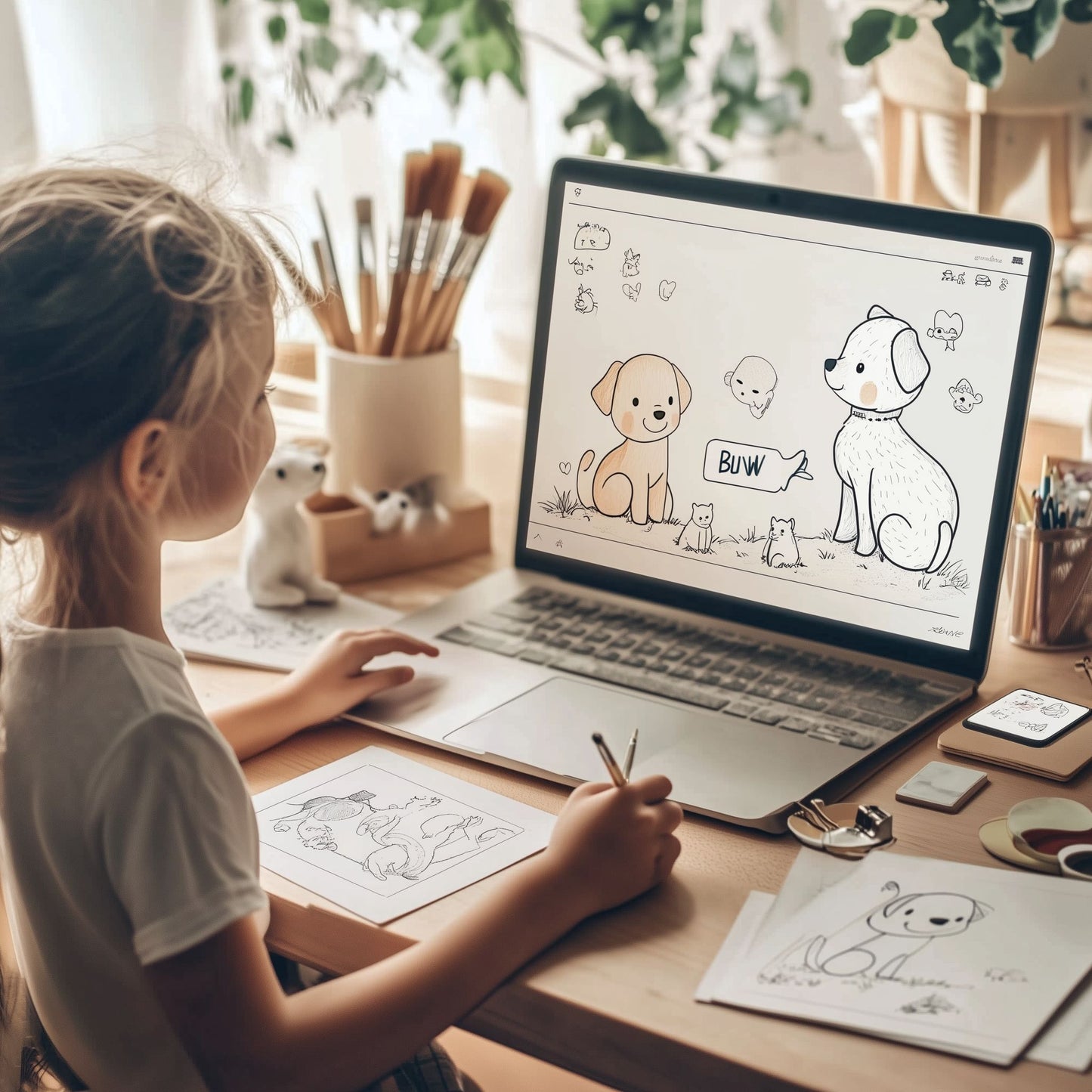 Laptop showing a custom cute animal coloring book example on screen, using an AI prompt to design easy-to-sell pages