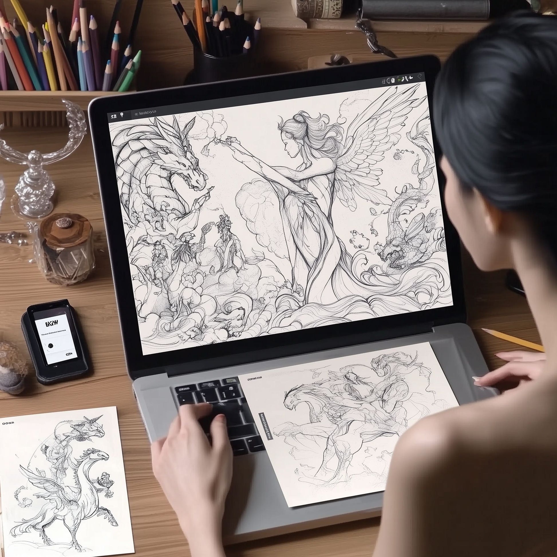 Laptop screen displaying a custom fantasy creatures coloring book, showing the easy-to-use AI prompt to design unique fantasy-themed pages.