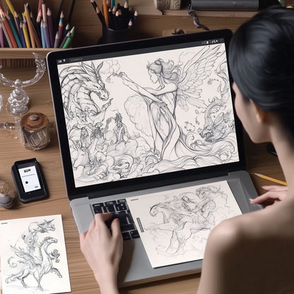 Laptop screen displaying a custom fantasy creatures coloring book, showing the easy-to-use AI prompt to design unique fantasy-themed pages.