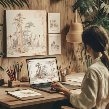 Laptop screen displaying a nature-themed coloring book, showing how AI can help create beautiful nature pages for your coloring book.