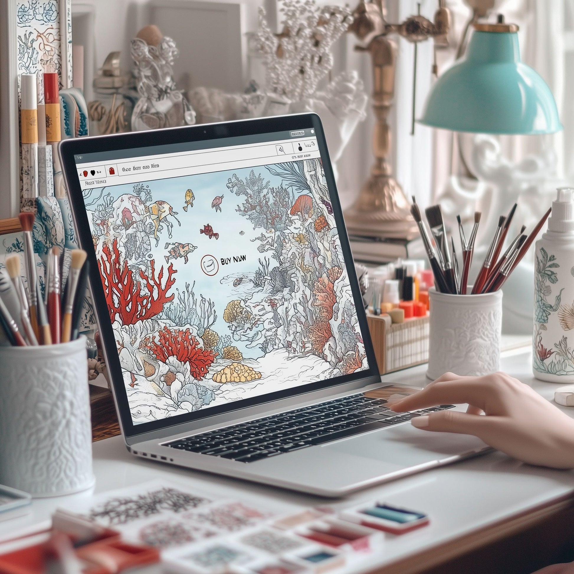 Laptop displaying a custom underwater life coloring book, showing the easy-to-use AI prompt for creating beautiful ocean pages.