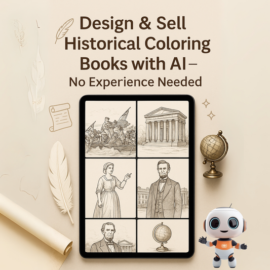 A flatlay image of a digital tablet displaying hand-drawn historical coloring pages, placed on a soft neutral background with icons like a feather pen, scrolls, and a globe. Text overlay reads “Design & Sell Historical Coloring Books with AI – No Experience Needed