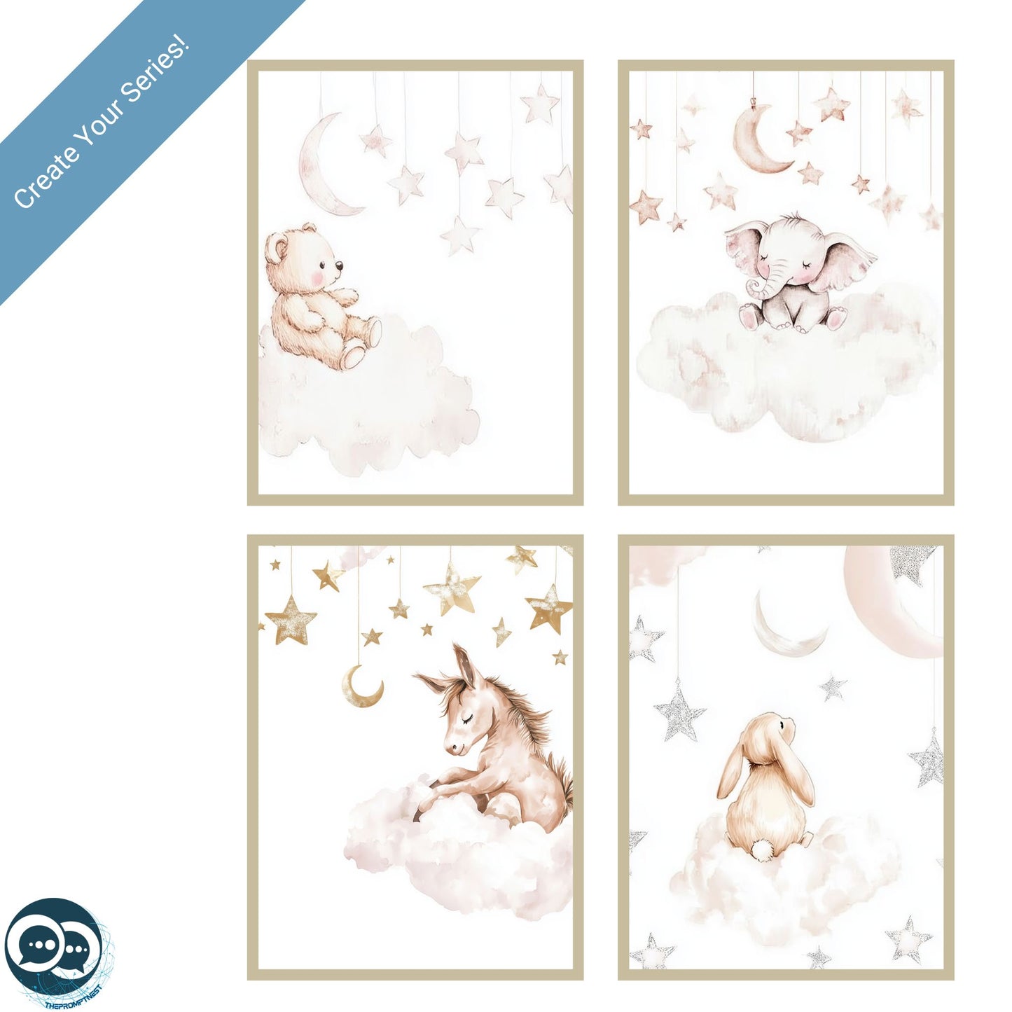 Collage of four AI-generated nursery prints featuring soft watercolor animals. Perfect for creating a cohesive and professional-looking wall art series.