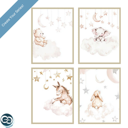 Collage of four AI-generated nursery prints featuring soft watercolor animals. Perfect for creating a cohesive and professional-looking wall art series.