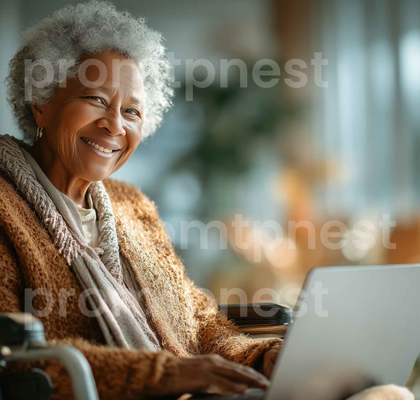 Close-up realistic AI image of elderly Nigerian woman's hands on laptop, diverse senior tech, The Prompt Nest watermarked.