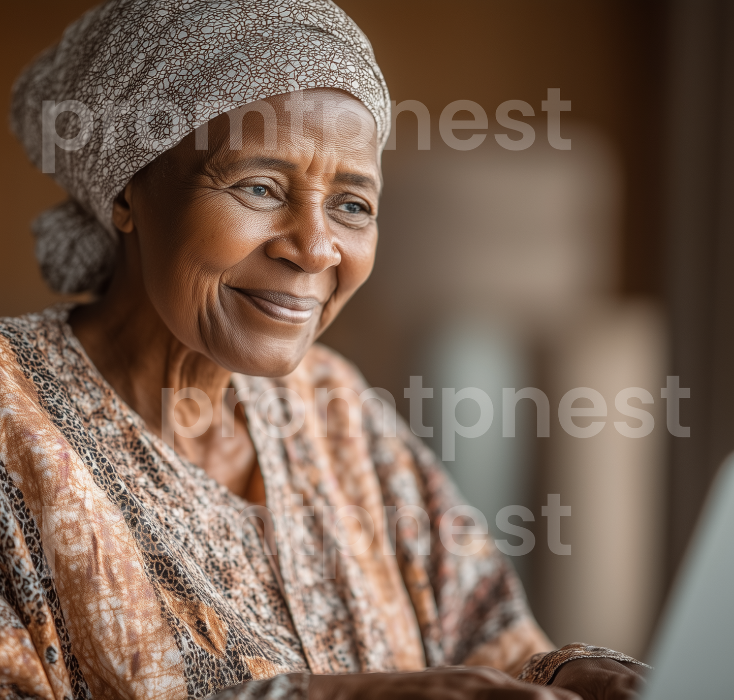 Authentic AI photo of a senior woman in a wheelchair working on computer, inclusive technology visuals, The Prompt Nest watermarked.