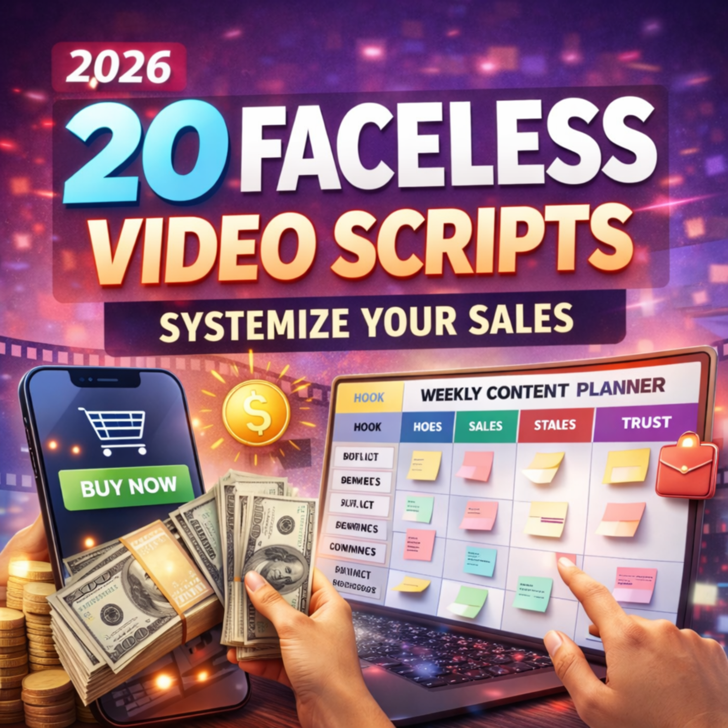 Faceless Video System 2026 featuring 20 structured video scripts for Shopify and Etsy sellers to increase engagement and product sales using faceless social media content.