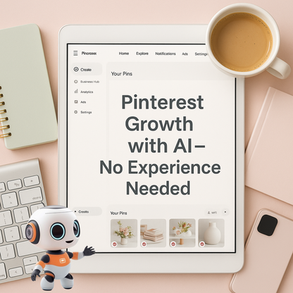 A modern flat lay showing a tablet screen with a Pinterest dashboard, surrounded by pastel notebooks, a cup of coffee, and digital tools like a phone and keyboard. Overlaid text reads “Pinterest Growth with AI – No Experience Needed” in Poppins font. Clean and minimal Pinterest-friendly design.