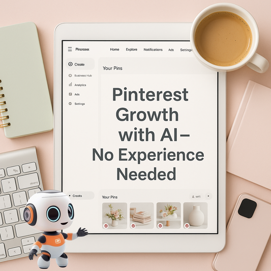 A modern flat lay showing a tablet screen with a Pinterest dashboard, surrounded by pastel notebooks, a cup of coffee, and digital tools like a phone and keyboard. Overlaid text reads “Pinterest Growth with AI – No Experience Needed” in Poppins font. Clean and minimal Pinterest-friendly design.