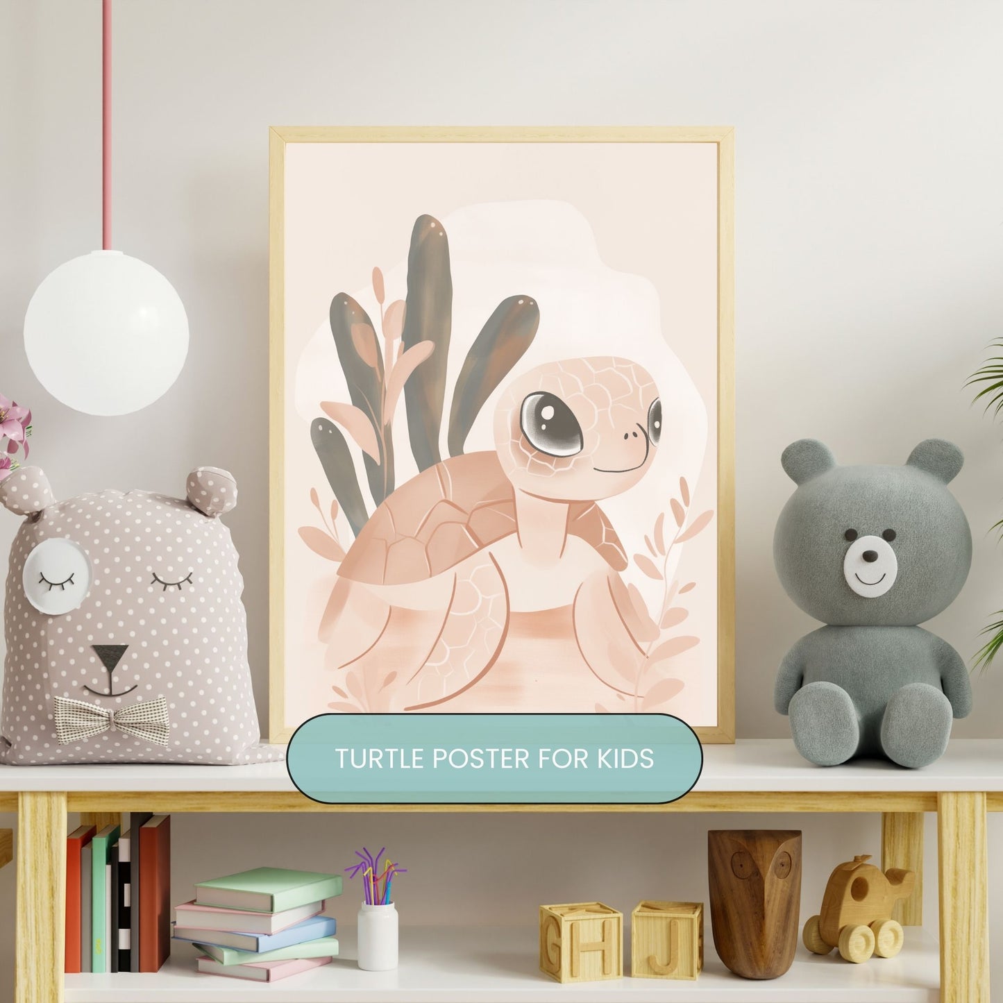 Soft watercolor animal print framed and displayed in a cozy nursery, featuring a pastel-colored illustration of an adorable animal – ideal for a soothing atmosphere.