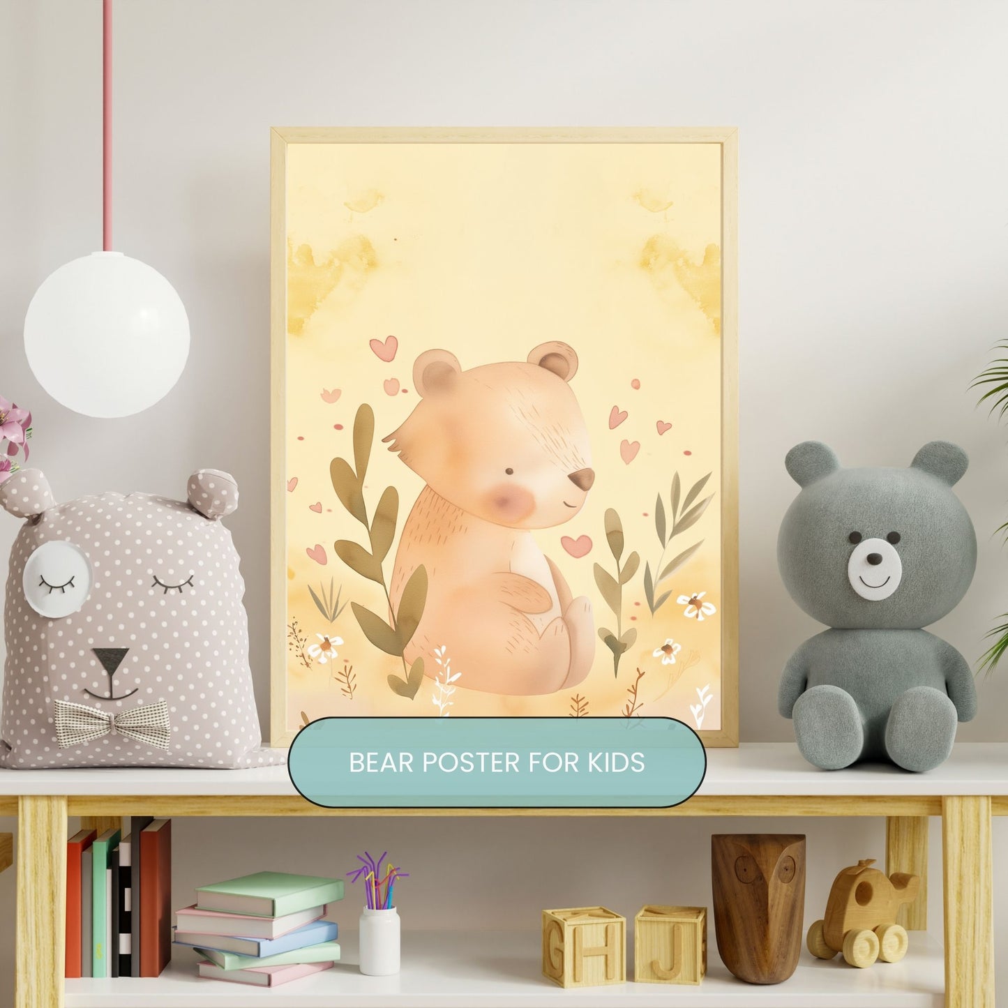 Whimsical animal art print framed and displayed in a stylish nursery, featuring a playful watercolor illustration in soft pastel tones.