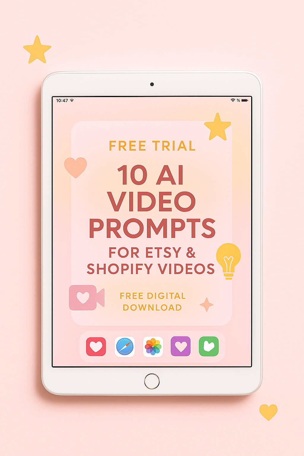 Pastel pink mockup of a tablet displaying the Free Trial: 10 AI Video Prompts for Etsy & Shopify Videos PDF

