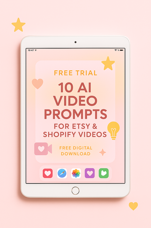Pastel pink mockup of a tablet displaying the Free Trial: 10 AI Video Prompts for Etsy & Shopify Videos PDF

