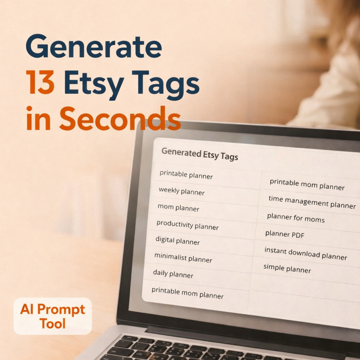 AI workflow tool that helps Etsy sellers generate 13 Etsy tags fast to improve Etsy SEO and listing visibility