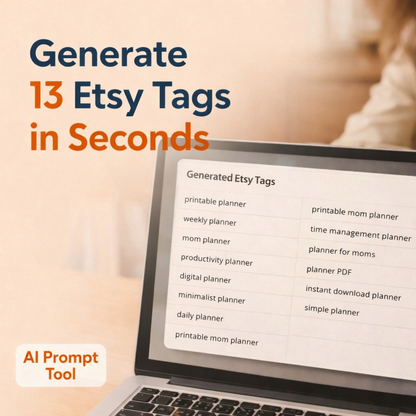 AI workflow tool that helps Etsy sellers generate 13 Etsy tags fast to improve Etsy SEO and listing visibility
