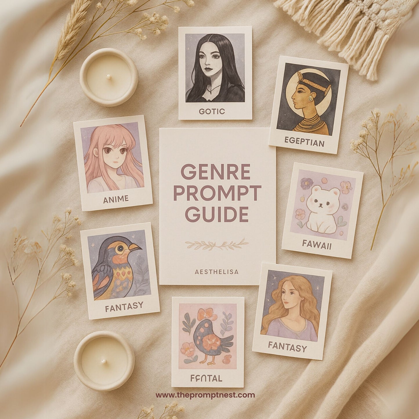 A boho-style flatlay featuring a printed "Genre Prompt Guide" surrounded by six artistic cards showcasing anime, gothic, Egyptian, kawaii, folk art, and fantasy styles. The image promotes the use of AI-generated prompts to explore and create diverse digital art styles.