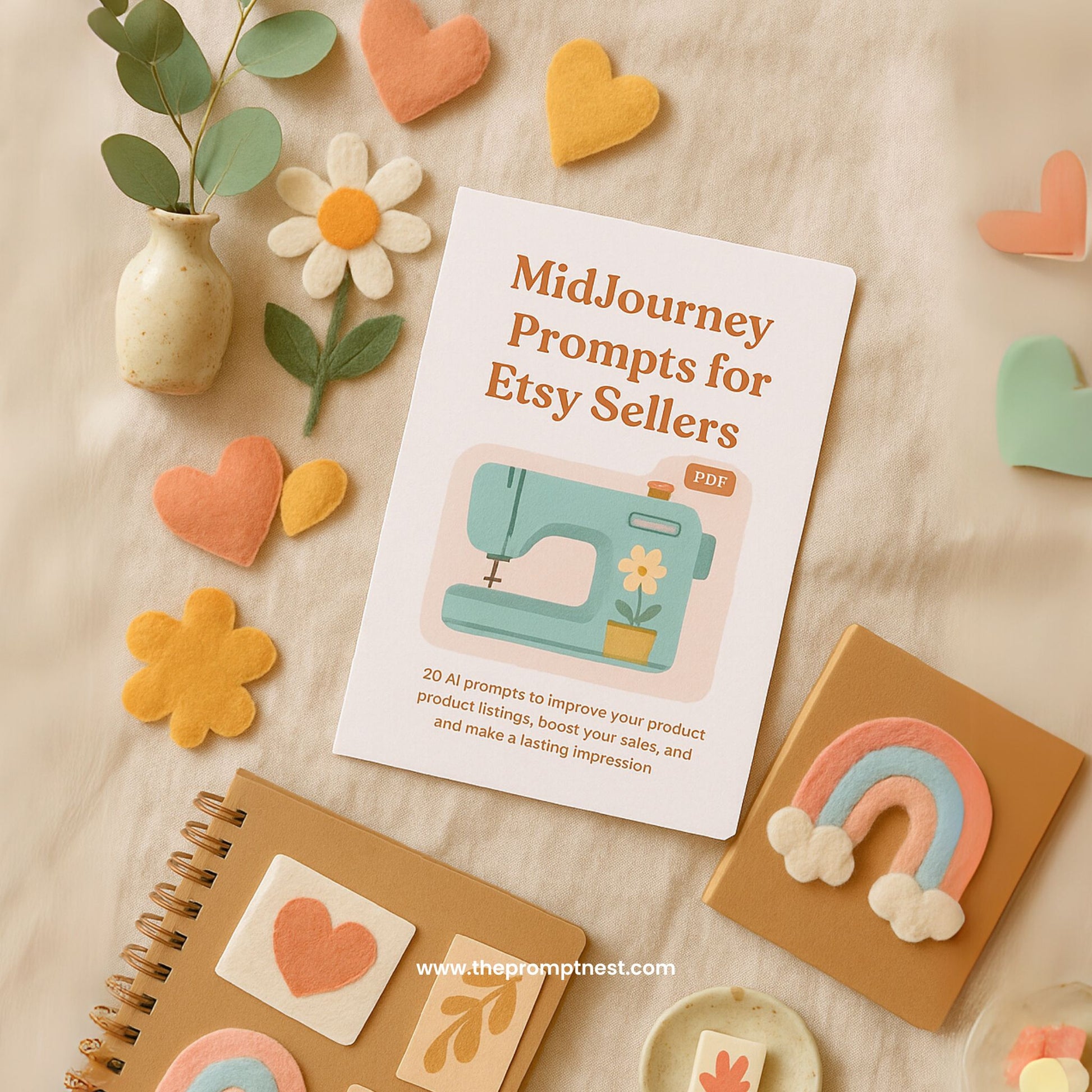 A cozy, handmade-style mockup featuring a printed PDF guide titled "Getting Started with AI Art," placed on rustic linen. Surrounding the guide are felt decor items, a ceramic vase, and a craft journal, all bathed in soft natural light. Perfect for creatives exploring AI-generated art in a warm, Etsy-inspired setting.