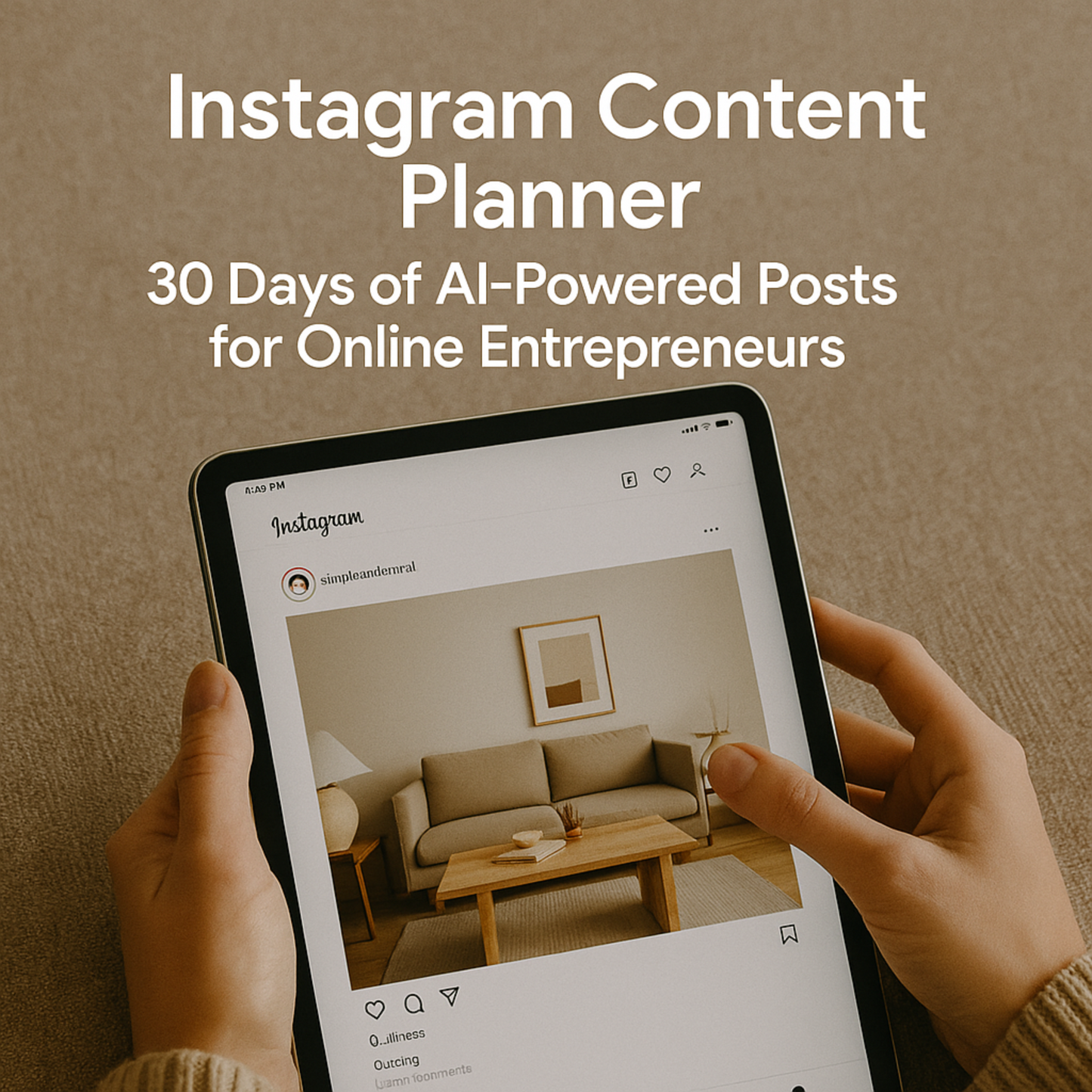 A person using a tablet with Instagram open, showing a clean and neutral-toned post, while bold text above promotes a planner offering 30 days of AI-powered content ideas for online entrepreneurs.