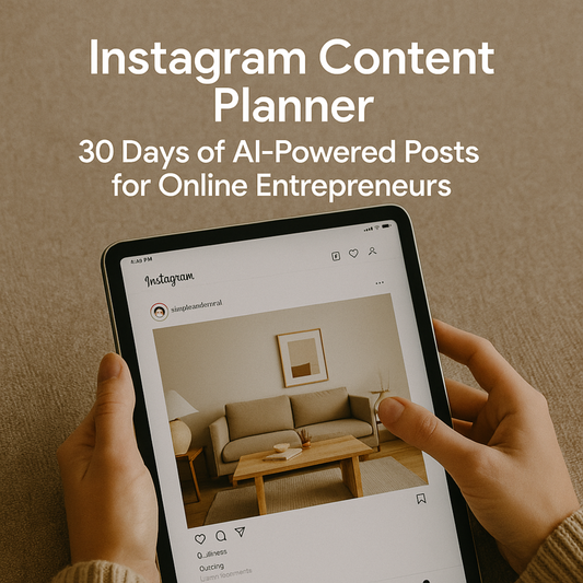 A person using a tablet with Instagram open, showing a clean and neutral-toned post, while bold text above promotes a planner offering 30 days of AI-powered content ideas for online entrepreneurs.