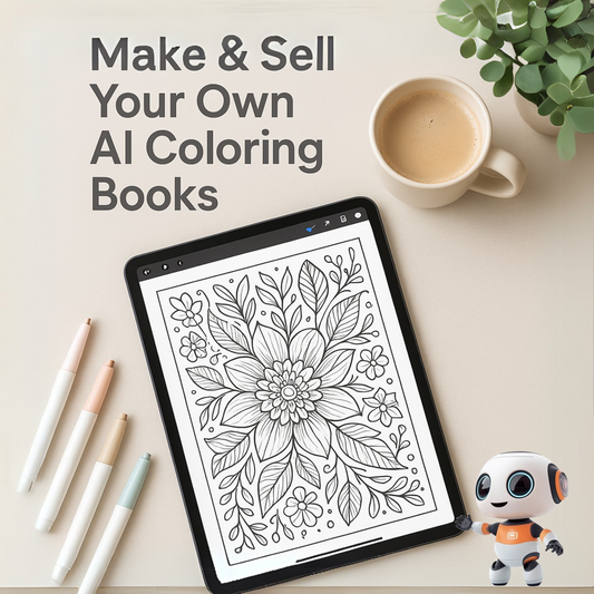 Digital tablet displaying a black-and-white AI-generated adult coloring page, surrounded by pastel pens, a coffee cup, and a green plant on a modern, cozy workspace.
