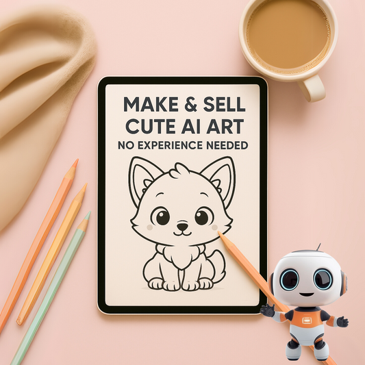 Pastel flat lay mockup featuring a tablet with a cute chibi animal coloring page in progress, surrounded by colored pencils, coffee, and cozy props — with overlay text “Make & Sell Cute AI Art – No Experience Needed