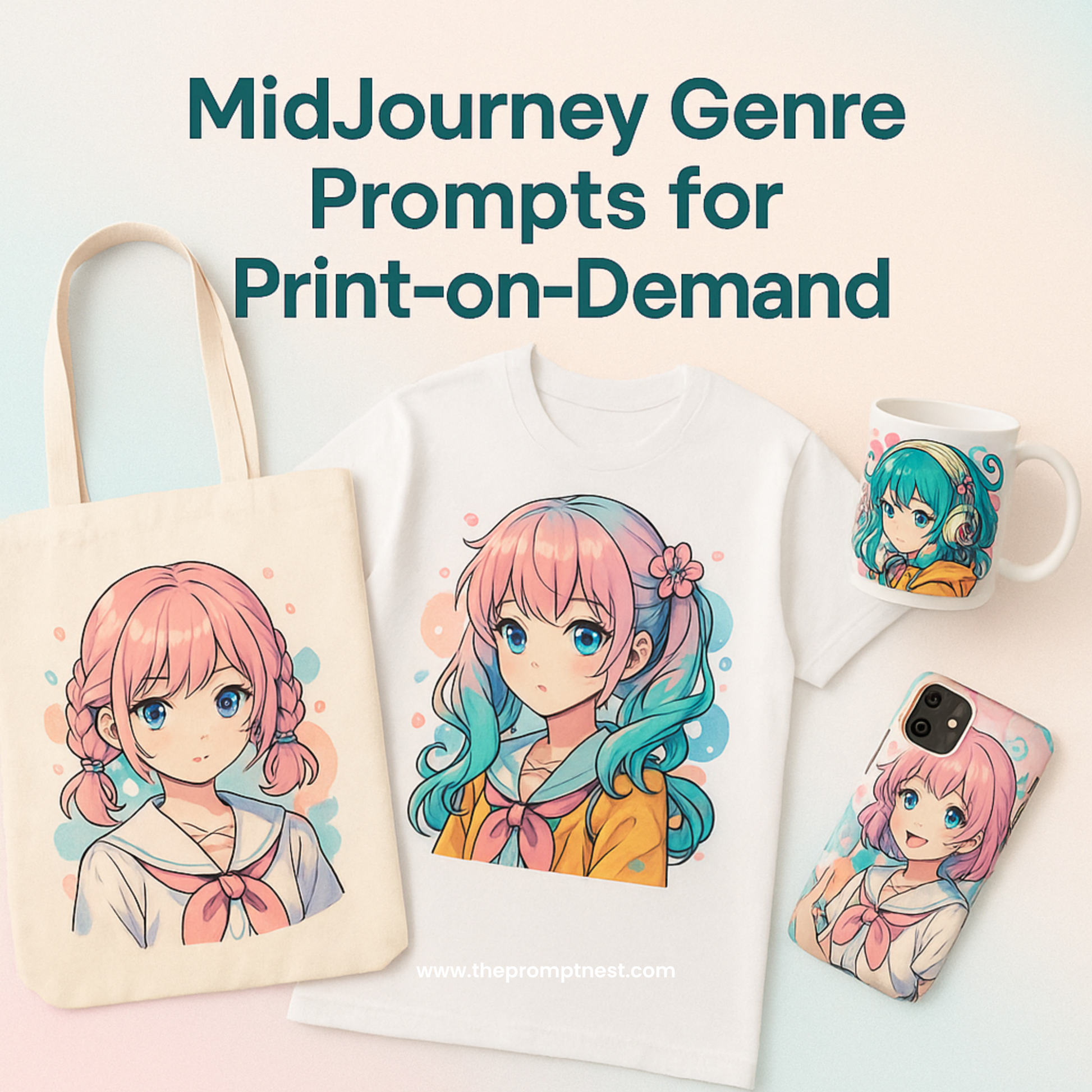 Aesthetic display of print-on-demand products like t-shirts, mugs, and posters, each featuring vibrant anime-style artwork generated using MidJourney prompts