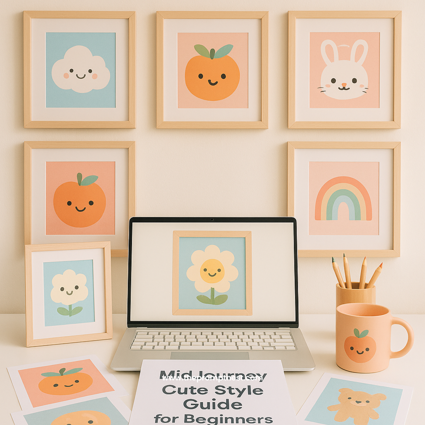 A realistic square photo of a colorful workspace featuring a laptop, kawaii-style wall art, and cute print-on-demand products, promoting the "MidJourney Cute Style Guide for Beginners".