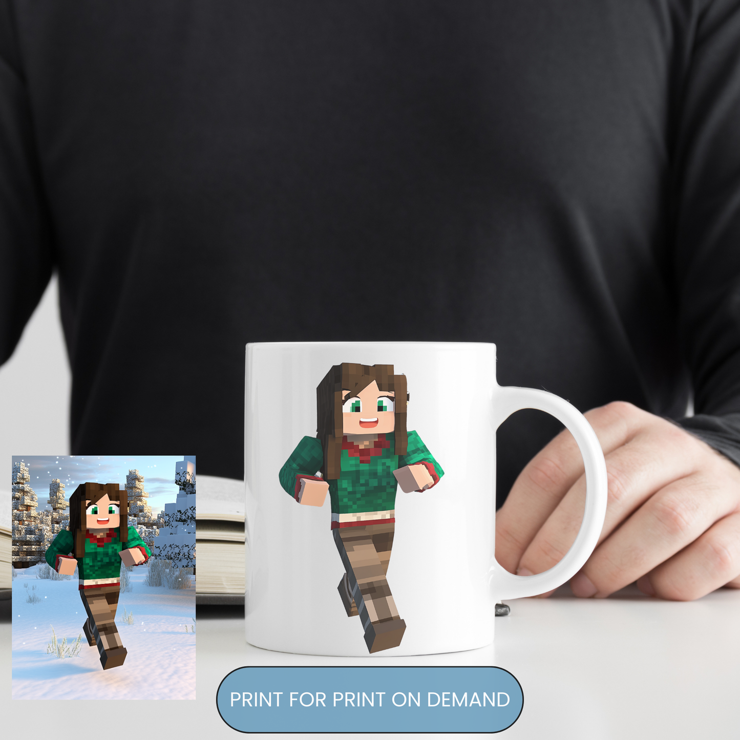 Minecraft-style gaming character design on a coffee mug. Perfect for gaming-themed merch, print-on-demand, and pixel-art fans