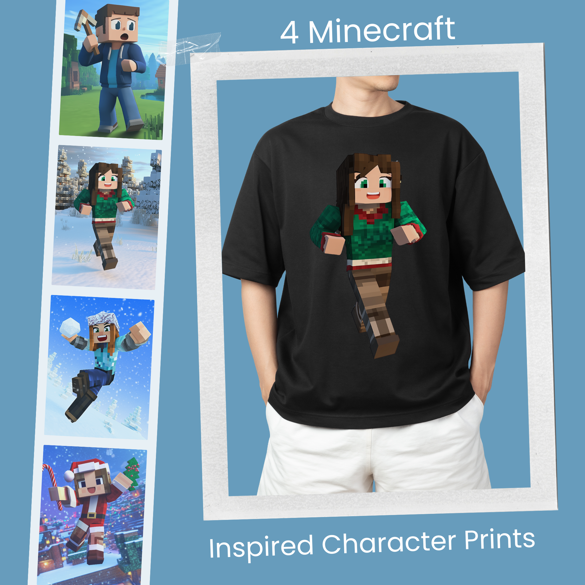 Set of 4 Minecraft-style gaming character prints. Pixel art for instant download, gaming merch, print-on-demand, and digital art projects.