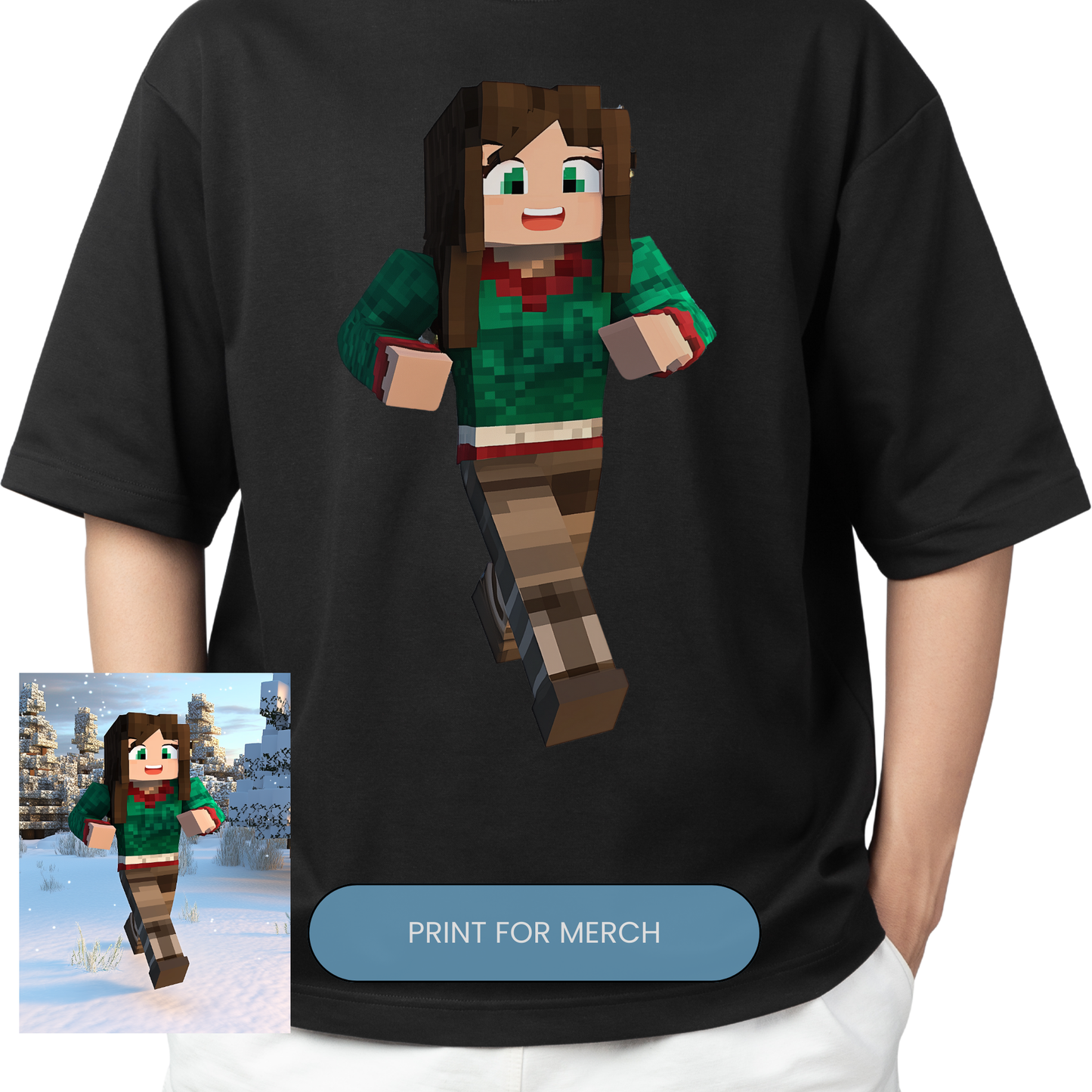 Minecraft-style gaming character T-shirt design. Perfect for gaming merch, print-on-demand, and pixel-art fans