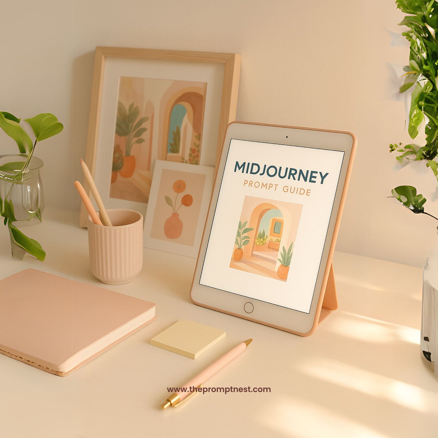 A pastel-toned workspace showing a tablet with a visible printed MidJourney guide cover, surrounded by soft-colored stationery and printed wall art examples. The desk has a clean and cozy aesthetic with warm lighting, perfect for creatives using AI prompts to design digital art.