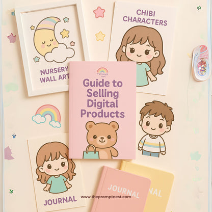 Flatlay collage of pastel kawaii-themed nursery wall art, chibi characters, and aesthetic journals, centered around a printed PDF guide, styled with soft shadows and a cute, playful vibe.
