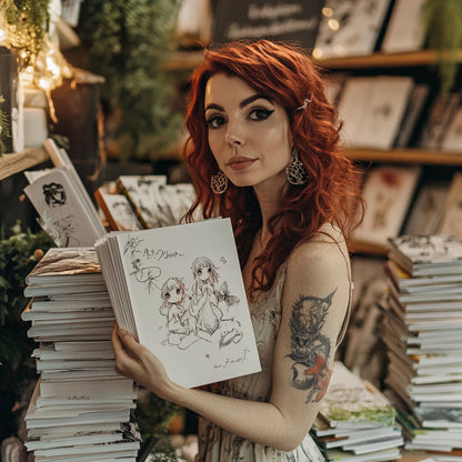 Smiling woman showcasing a stack of cute chibi anime coloring books, ready to sell using AI-generated prompts.
