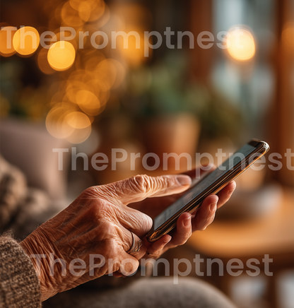 Realistic AI stock photo of elderly hand holding smartphone, thumb scrolling, The Prompt Nest watermarked. Includes Midjourney V7 prompt.