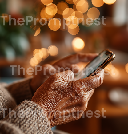 Close-up authentic AI image of senior hand on mobile phone, natural skin texture, The Prompt Nest watermarked.