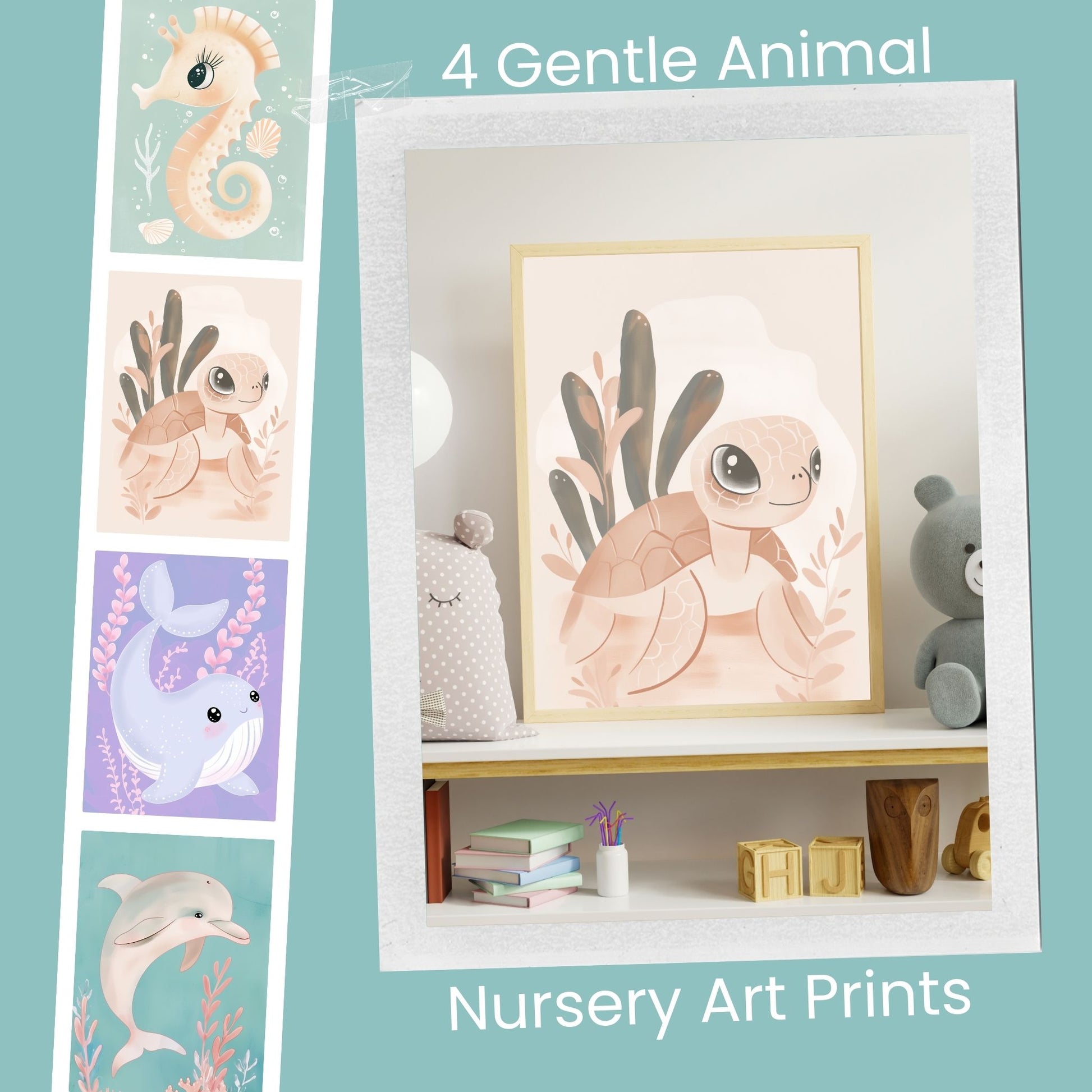 Collage of 4 soft watercolor animal prints for a nursery, featuring pastel-colored illustrations of a bunny, bear, and elephant – perfect for creating a calming baby room.