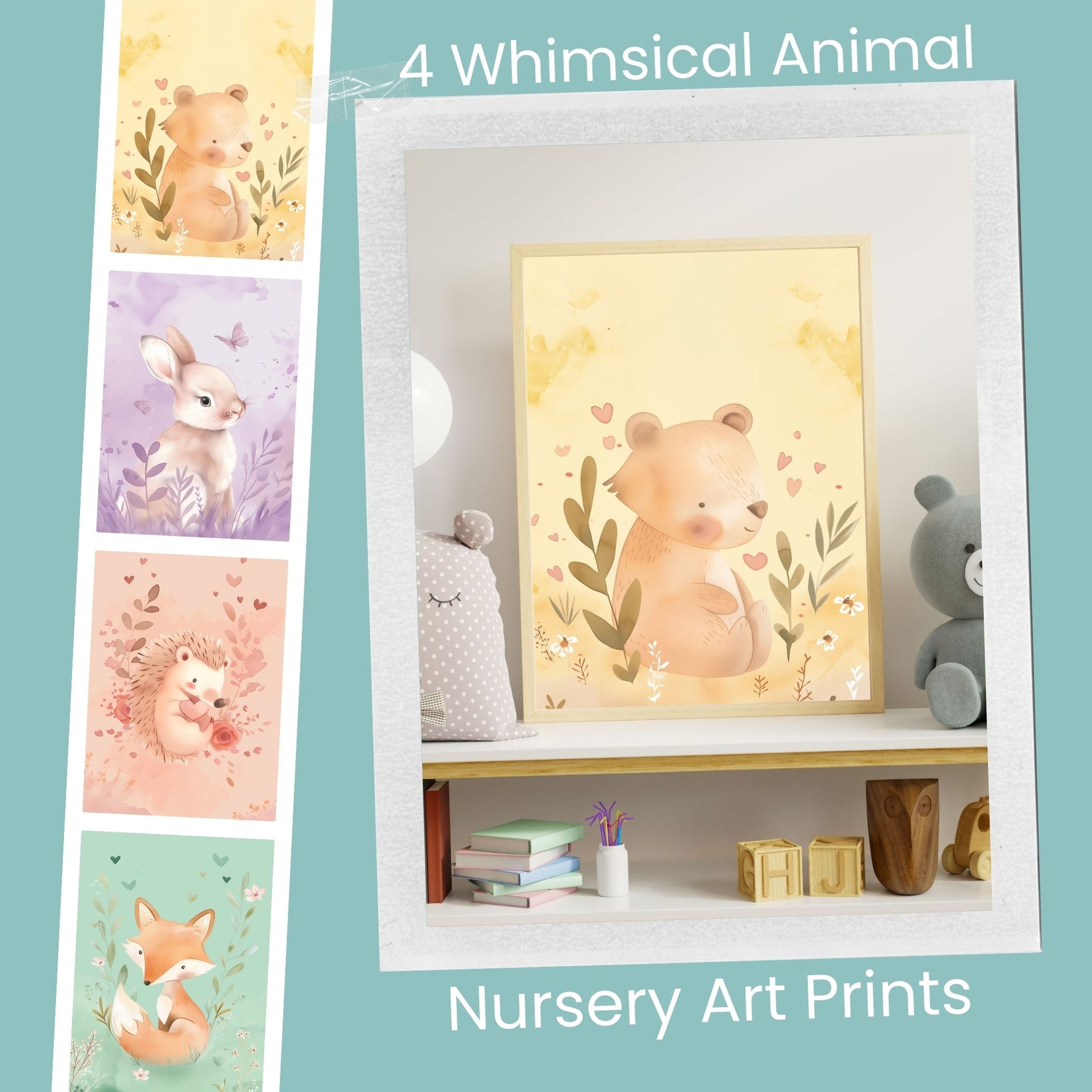 Collage of 4 whimsical animal prints in soft watercolor style, featuring illustrations of a fox, bear, and giraffe – playful and calming art for a child's room.