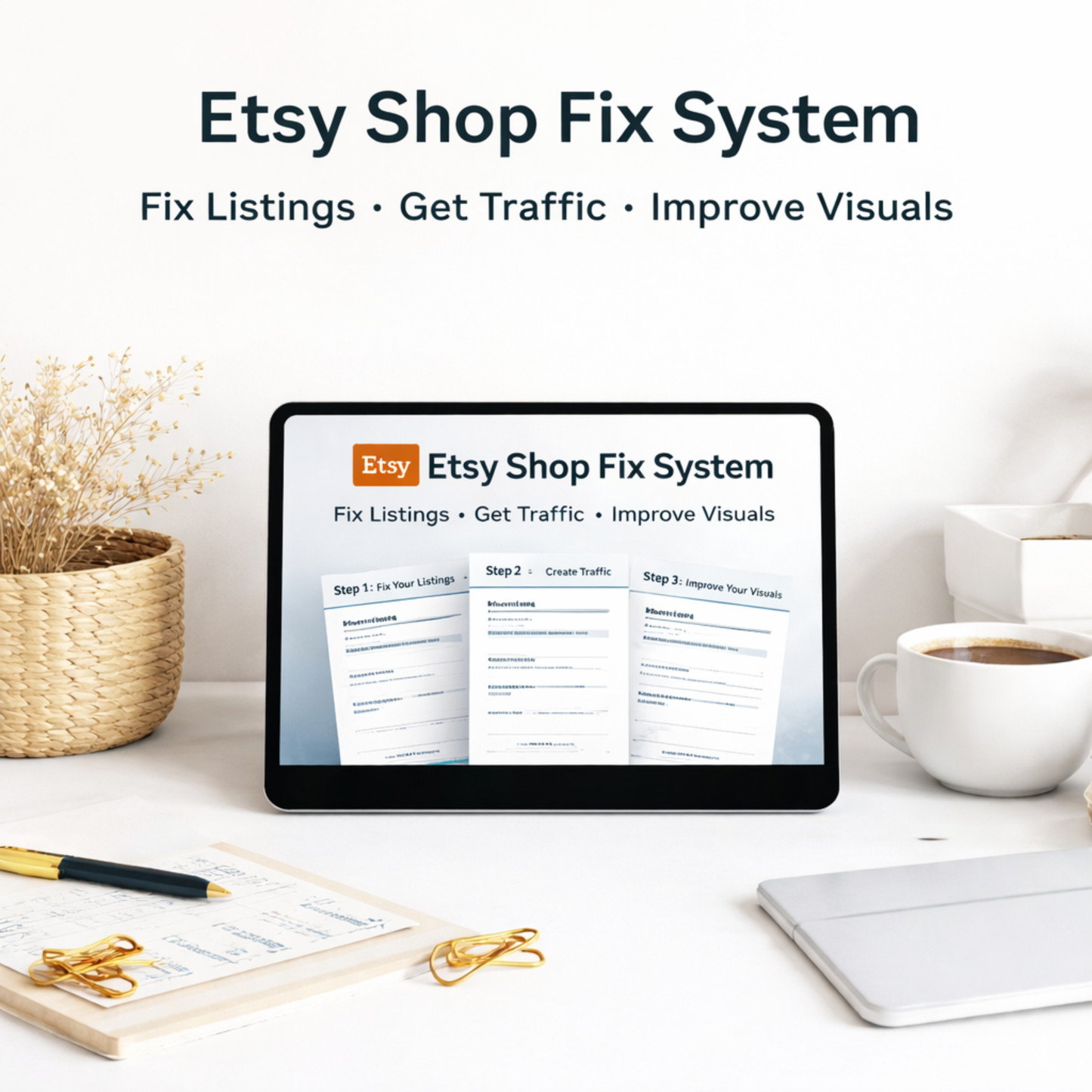 Square product image for The Prompt Nest Etsy Shop Fix System, showing a clean tablet display with an Etsy shop growth bundle focused on fixing listings, getting traffic, and improving product visuals.