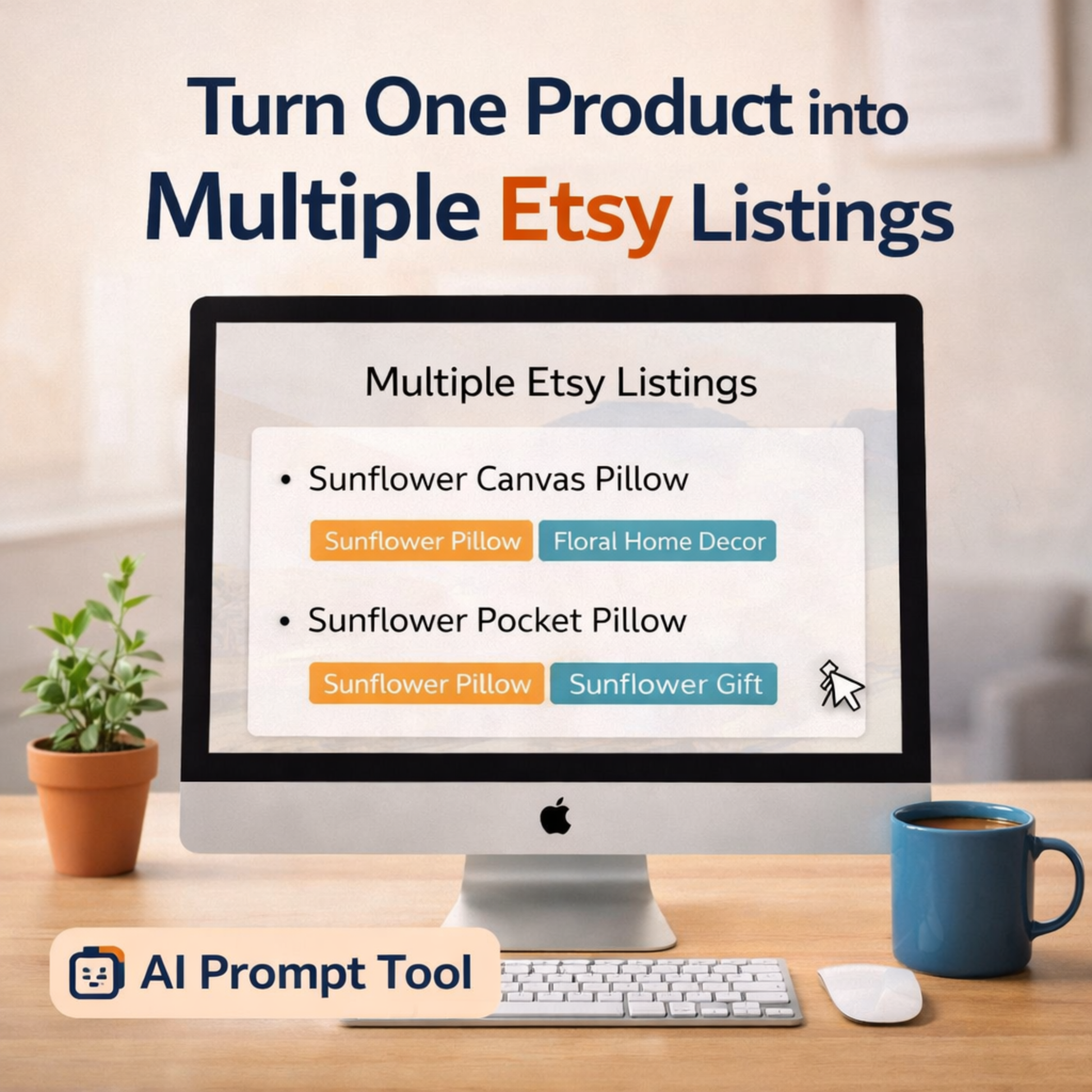 AI workflow tool that helps Etsy sellers turn one product into multiple listings to increase visibility and reach more searches