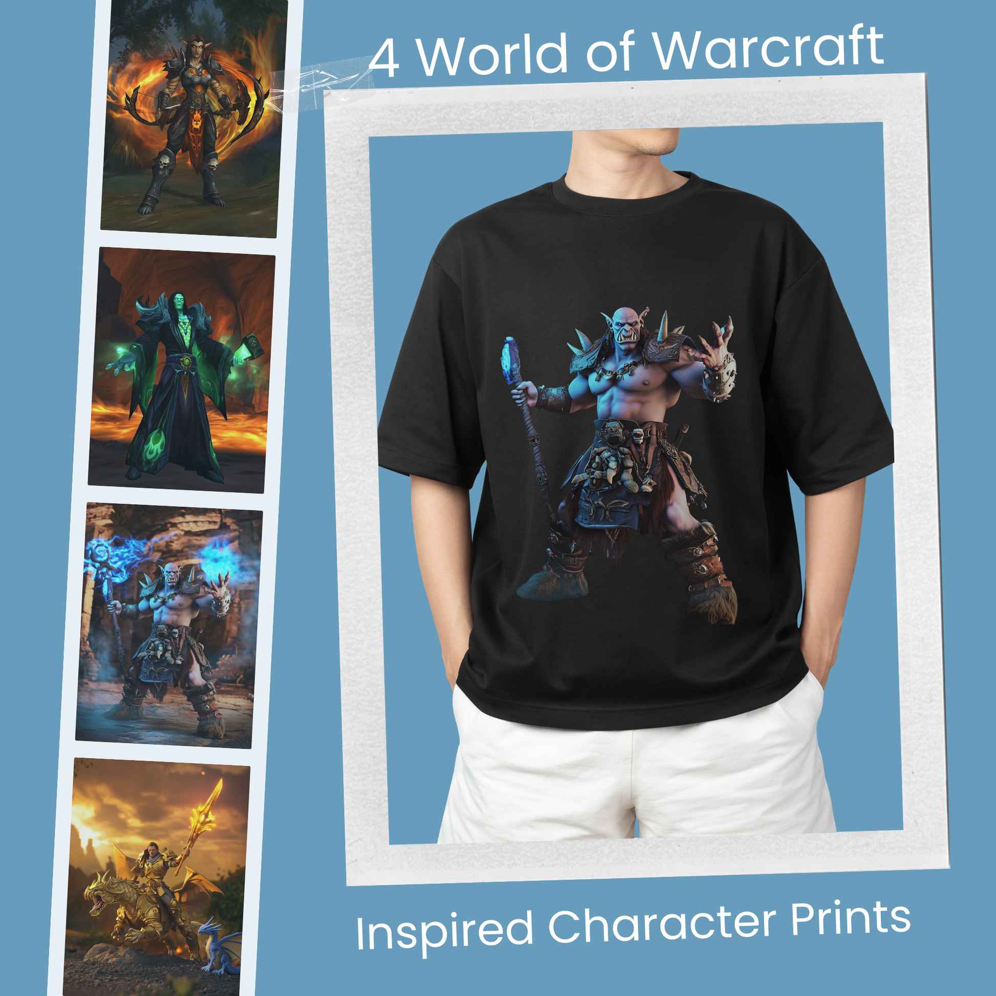 Set of 4 World of Warcraft-style fantasy character prints. High-quality digital download for gaming merch, print-on-demand, and RPG-themed designs.