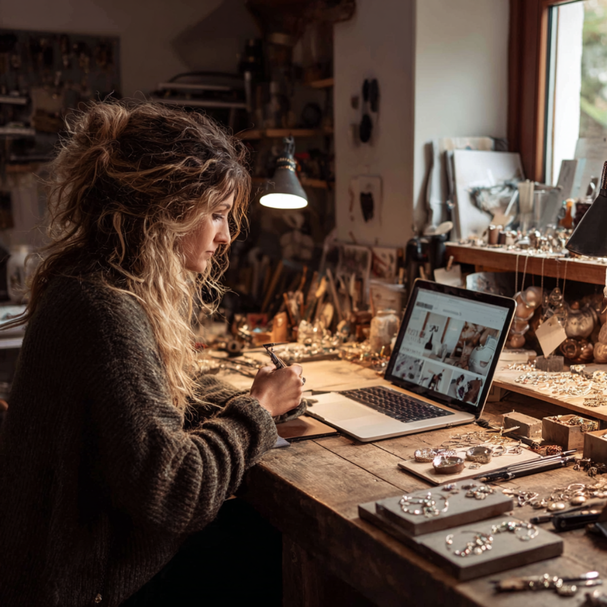 Female handmade business owner working at a craft desk using AI on her laptop to improve product listings and marketing workflows